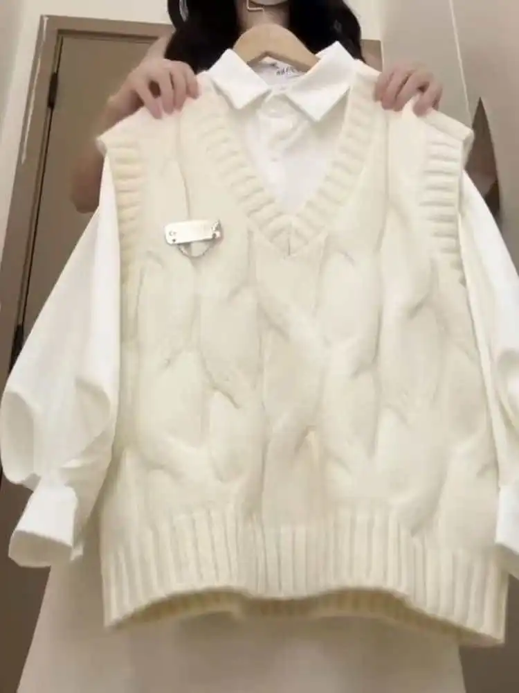 

Ранняя осень, вязаный свитер для колледжа, жилет Long Sve V-Ne, комплект с витым узором, женский полиэстер с высокой талией