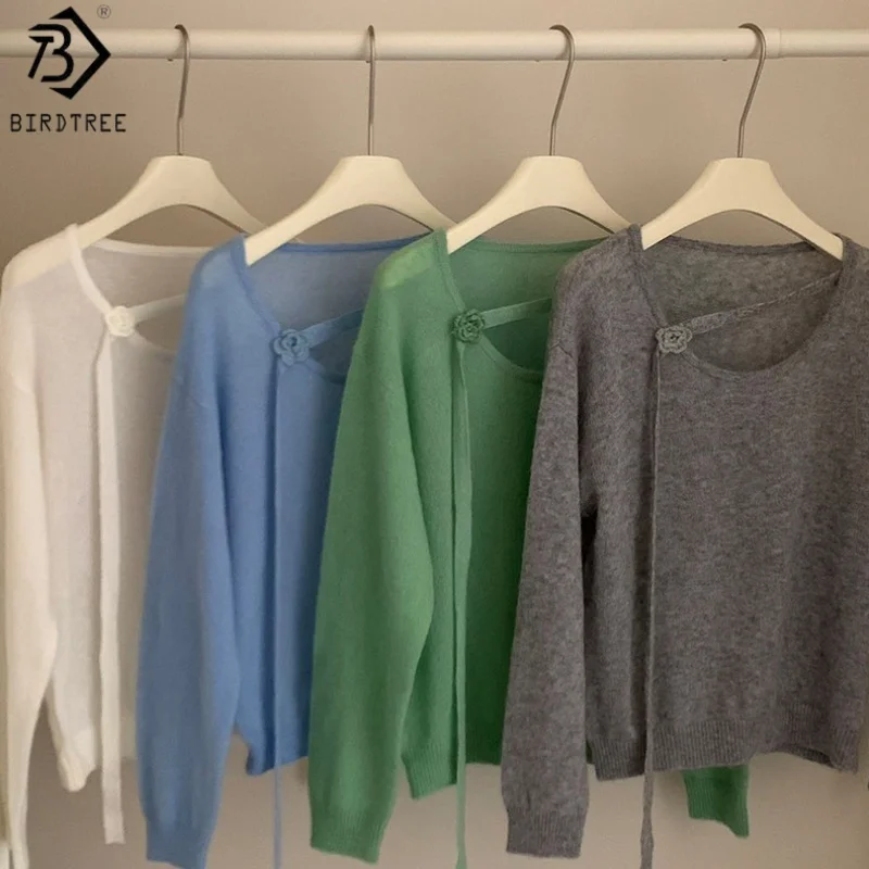 

Birdtree 40% Merino Wool 10% Alpaca Wool Knitwear,Woman Wool Blend Stereoscopic Flower Slanted Shoulder Ribbon Sweater T59227JF