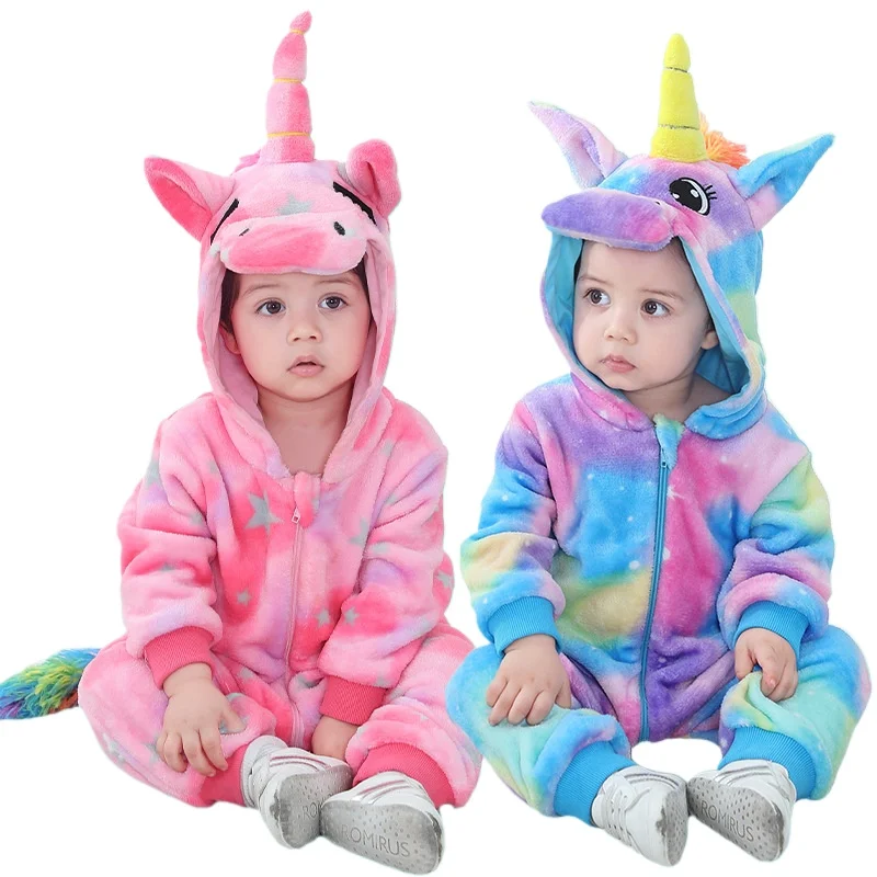 Cartoon Romper Kigurumi Colorful Unicorn Baby Girl Clothes Bodysuit Kawaii Thick Zipper Infant Onesie Jumpsuits Carnival Costume