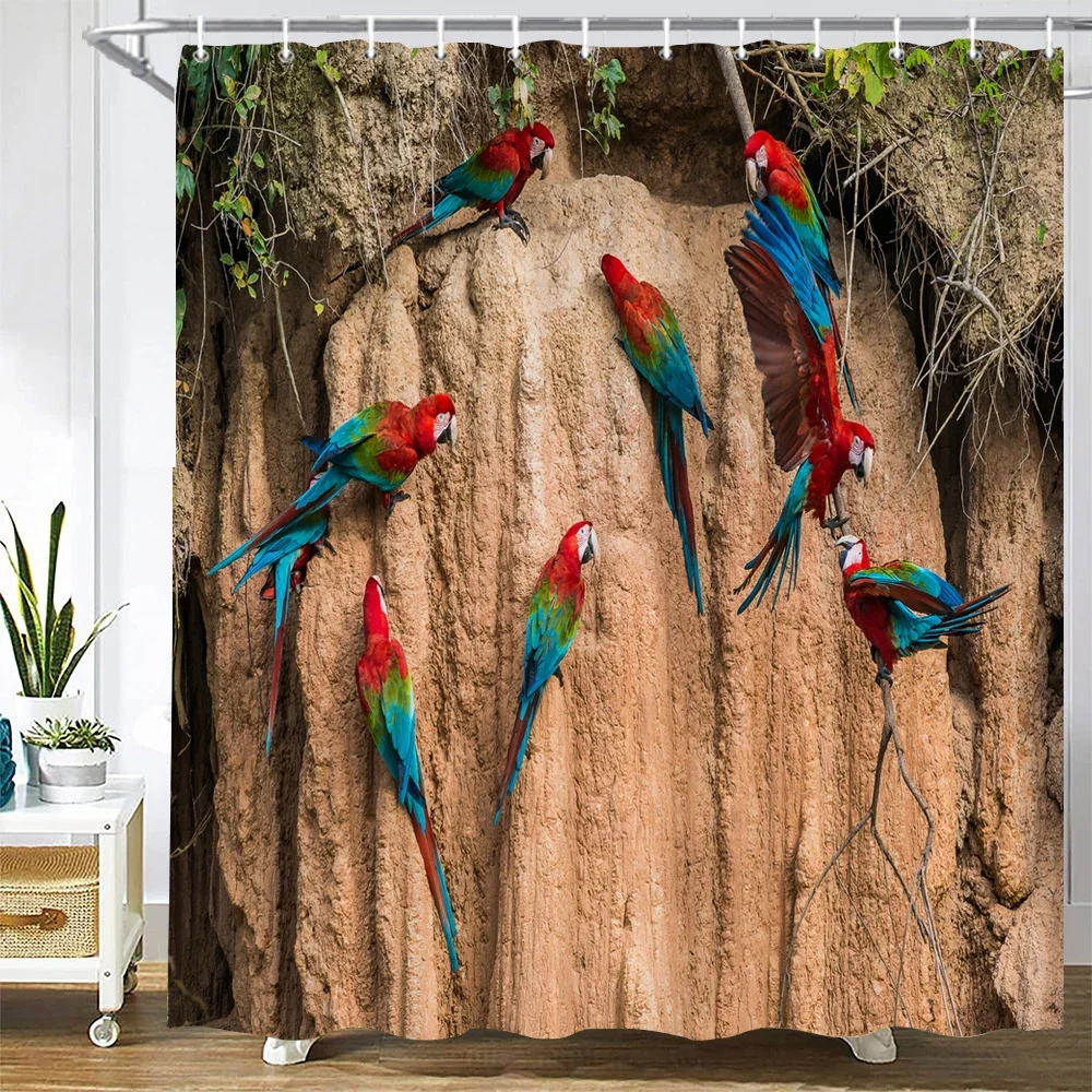 1Pcs rustic style birds printed fabric waterproof shower curtain, birds pattern bathroom decoration curtain, with hooks