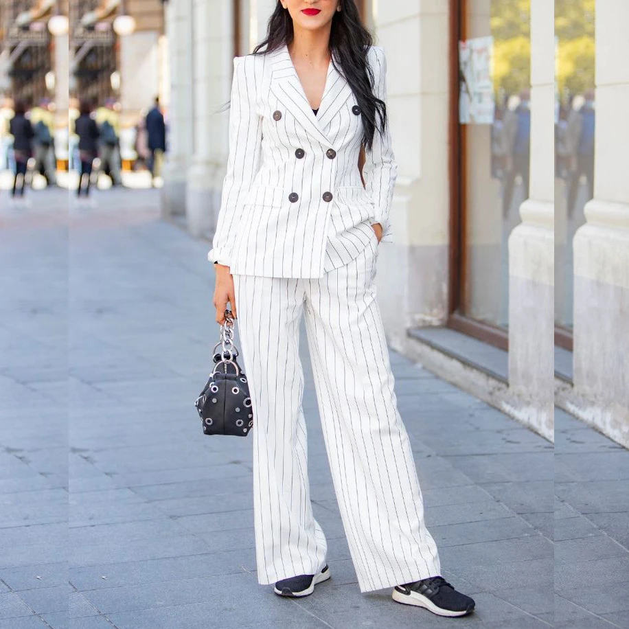 

Fashion Stripe Women two Pieces Suit Set Double Breasted Peak Lapel Jacket Pant Set Custom Suit Office Business Female Clothing