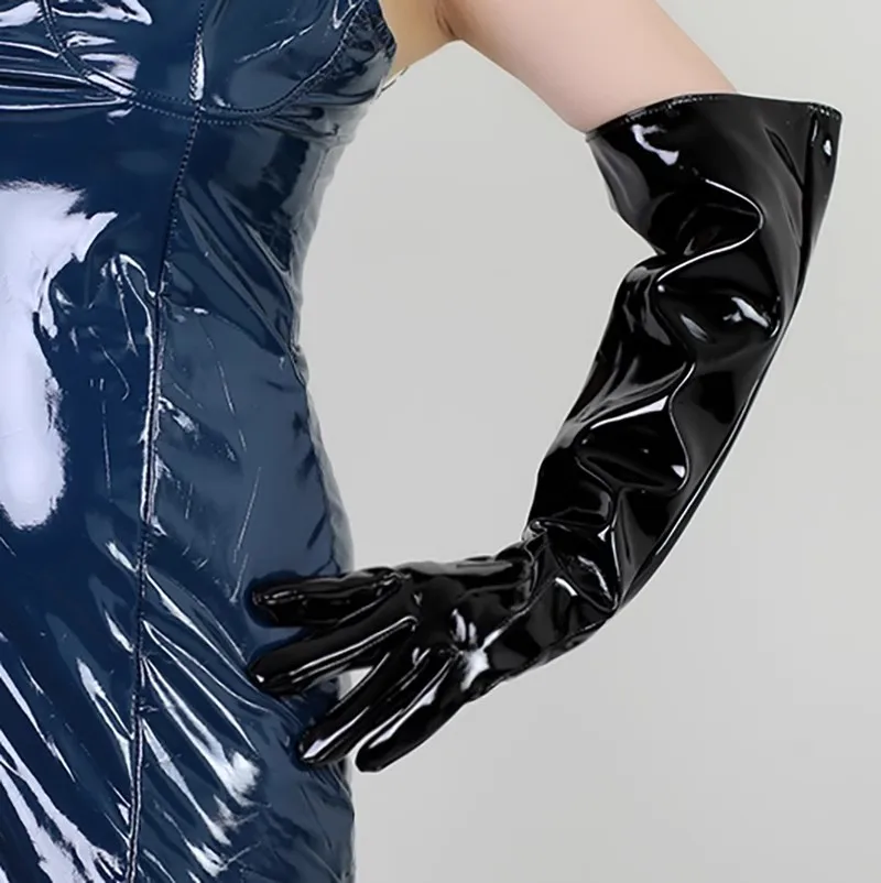 Women's Fashion Patent Black PU Leather Wide Sleeve Long Glove Lady's Club Performance Formal Party Dancing Glove 50cm R1161