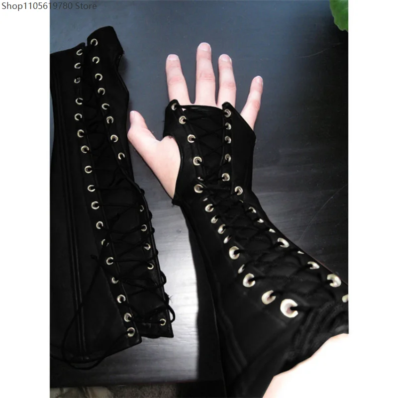 Adult Vintage Faux‑Leather Lace‑Up Arm Guard Fingerless Cuffs Punk Decorative Wristband Holiday Festival Cosplay Dress‑up Prop