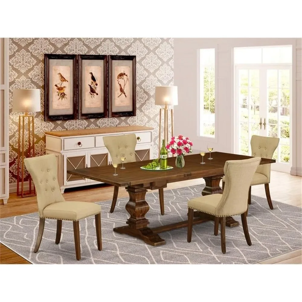 7-Piece Dining Room Table Set Consist of a Rectangle Wooden Table with Removable Leaf & 6 Brown Linen Fabric Upholstered Chairs