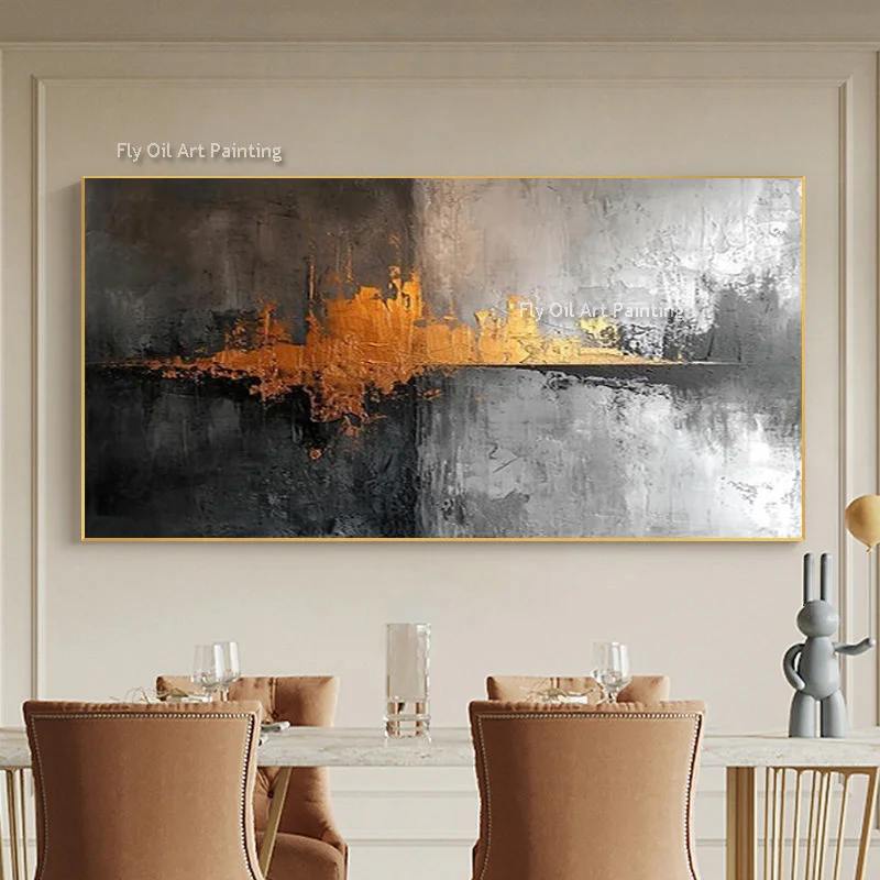 Handmade Impasto Golden Horizon Abstract Painting, Horizontal Canvas, Industrial Minimalist Wall Art