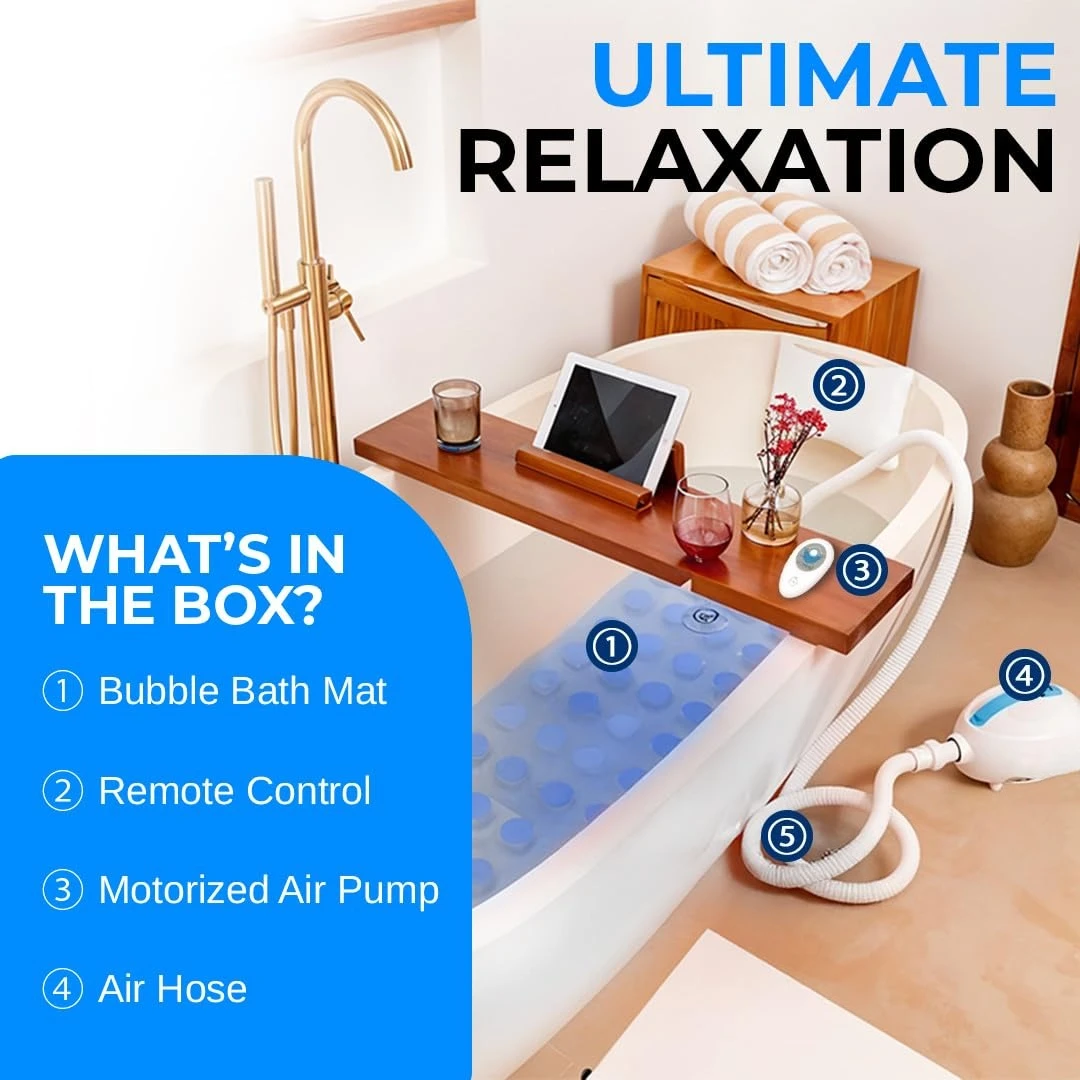 

Bubble Bath Mat, Non-Slip Bathtub Mat with Remote Control, Waterproof, Cushioned Design, Adjustable Bubbles, 8.2’ Air Hose