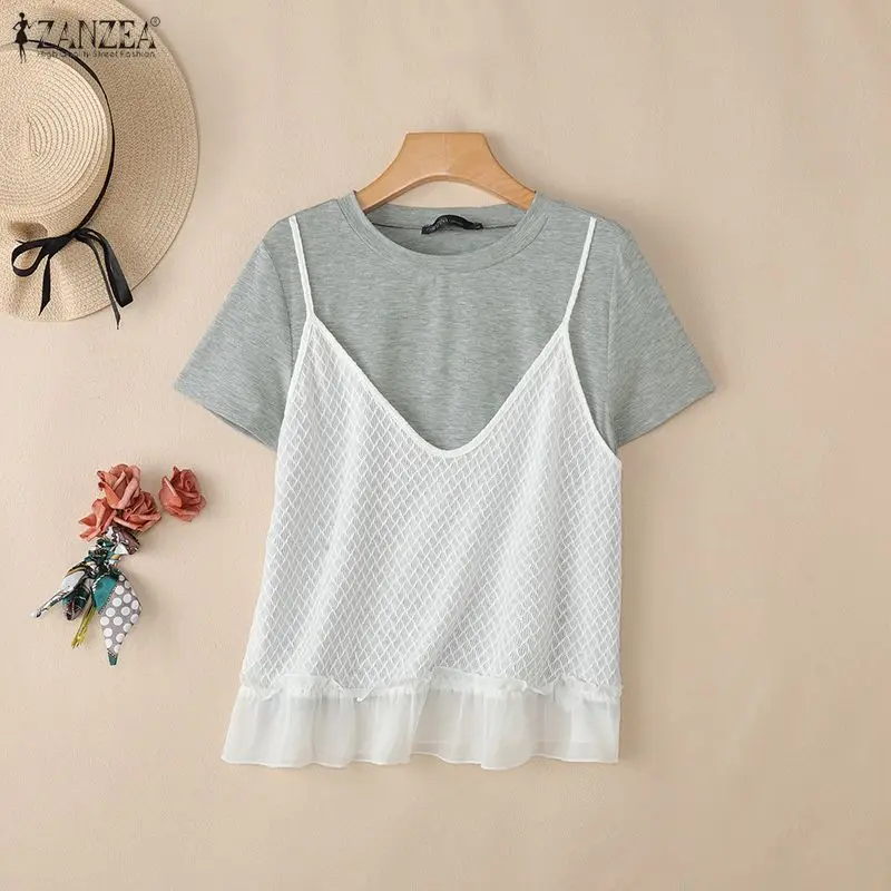 

ZANZEA Summer Women Blouses Fashion Fake 2PCS Tops Patchwork Hollow Out Tee OL Work Party Blusas Tunic Streetwear Oversize