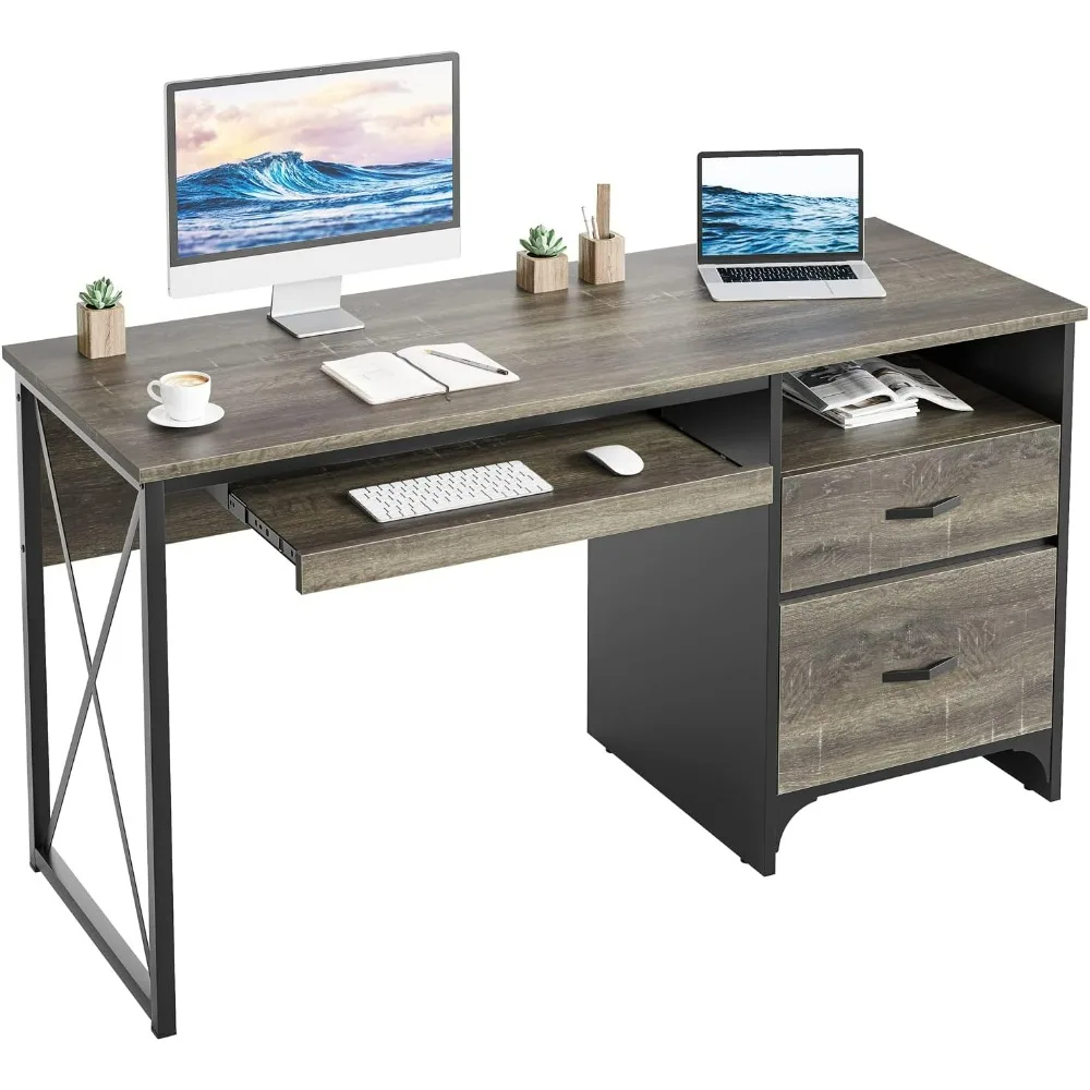 Office Desk with Drawers, 55 inch Industrial Computer Desk with Storage, Wood Teacher Desk with Keyboard Tray & File Drawer