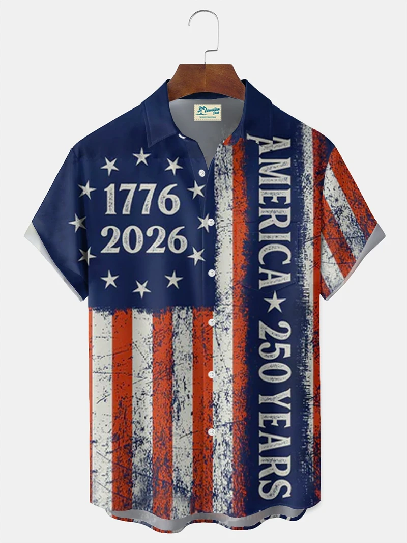 

Men's America 250 Years 1776-2026 Hawaiian Shirt Vintage US Flag Print, Casual Short Sleeve Button Down Shirt Summer Beach Wear