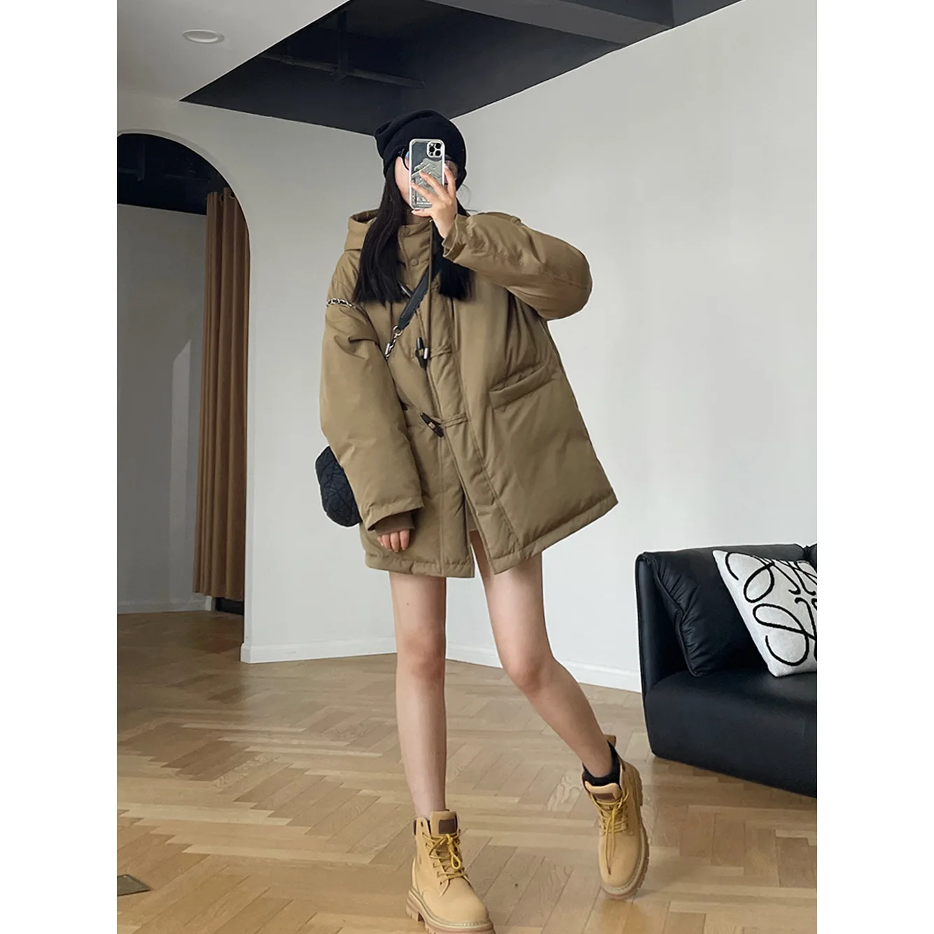 

Winter New Korean Fashion Midi-length 90% White Duck Down Jacket Women New Hooded Horn Buckle Warm Coat Windproof Parkas Outwear