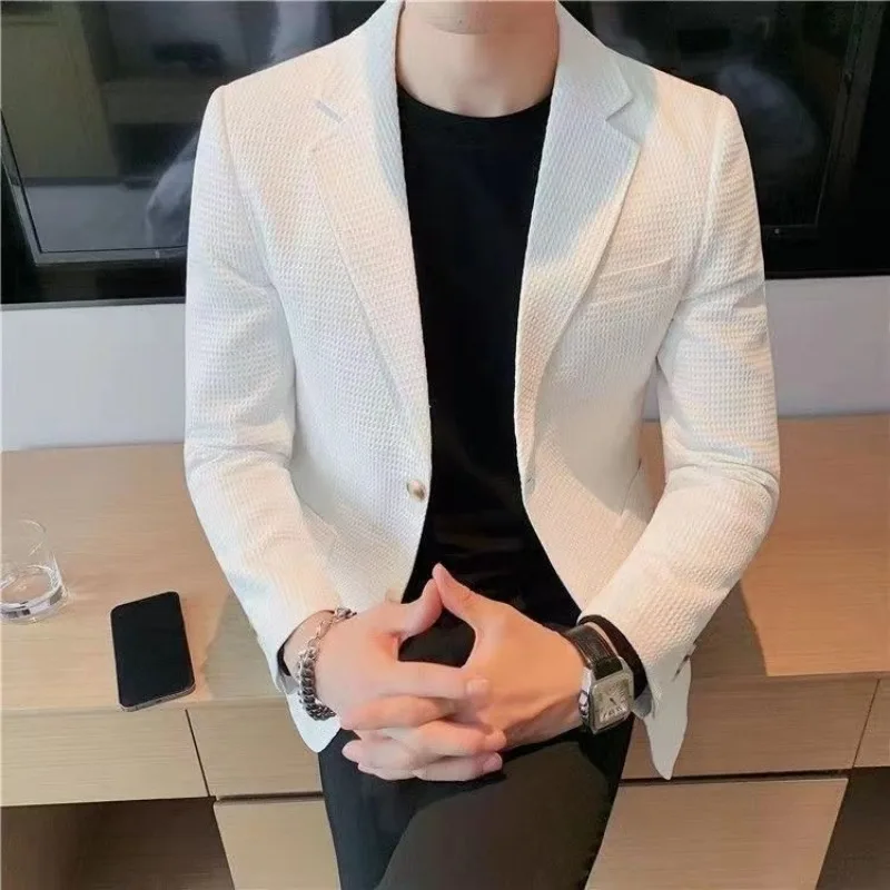 Man Suits and Blazers White Business Coats Dress Jackets Waffle Jacket for Men Clothing Korean Style Clothes Simple Breasted