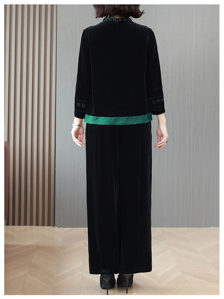 2023 Autumn and Winter New Women\'s Silk Velvet Long Sleeve Top and Pants Two Piece Set of Velvet Embroidered Wide Leg Pants