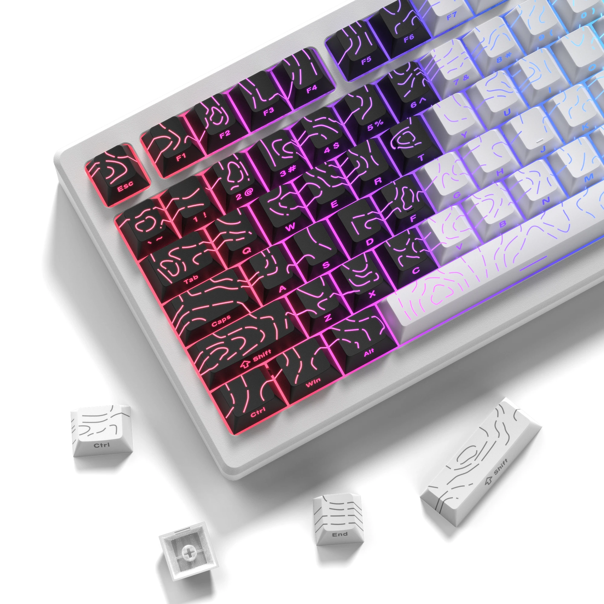 

132 клавиши, топографические черно-белые PBT-кейкапы с подсветкой, профиль Cherry, двойное литье, для механических клавиатур с переключателями MX, для геймеров