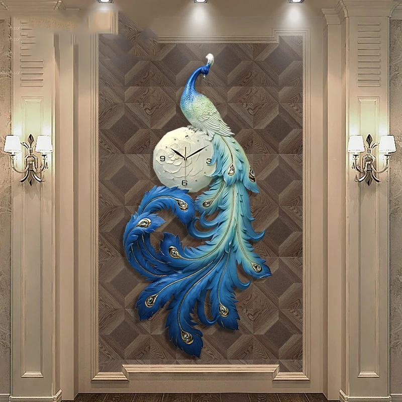 Chinese Resin Peacock Wall Clock Mural Ornaments Livingroom Home Light Luxury Mute Hanging Craft Decoration