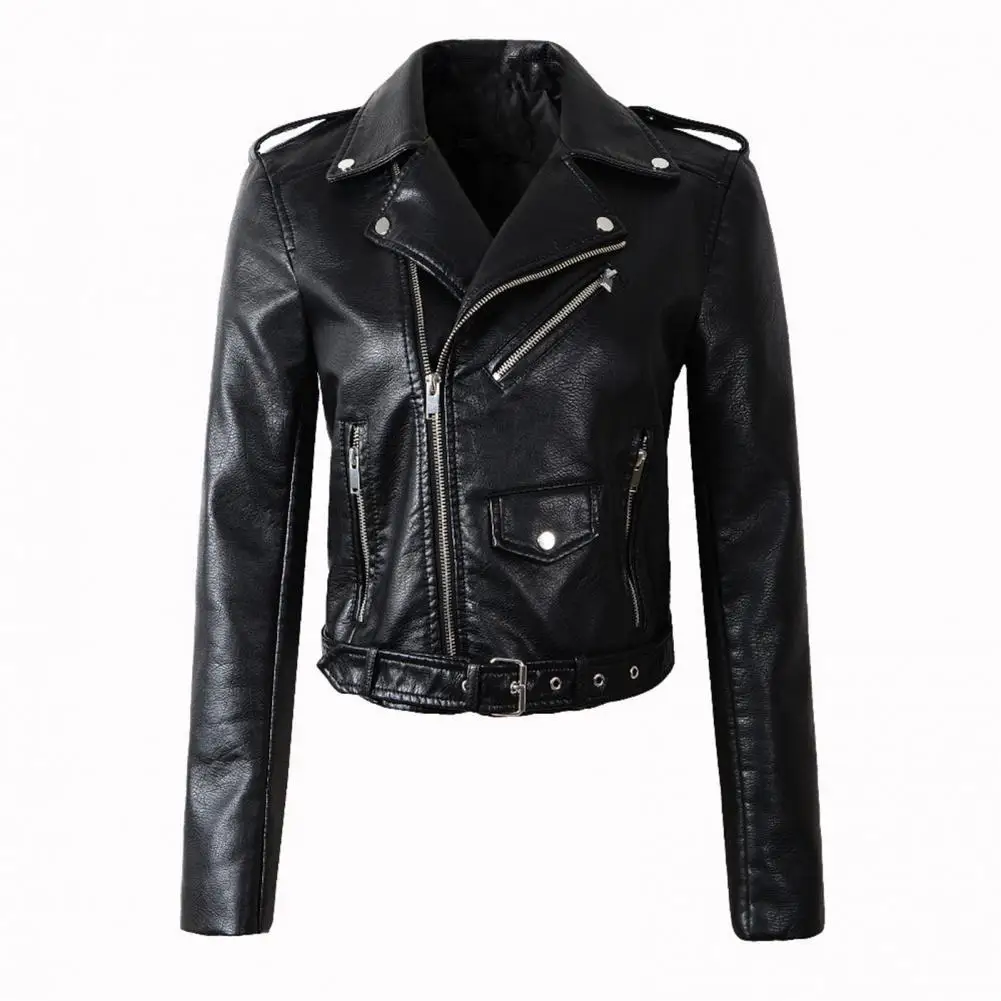 Women Jacket Faux Leather Cargo Overcoat Turn-down Collar Zip-up Zipper Rivet Decor Long Sleeves Motorcycle Coat Lady Outerwear