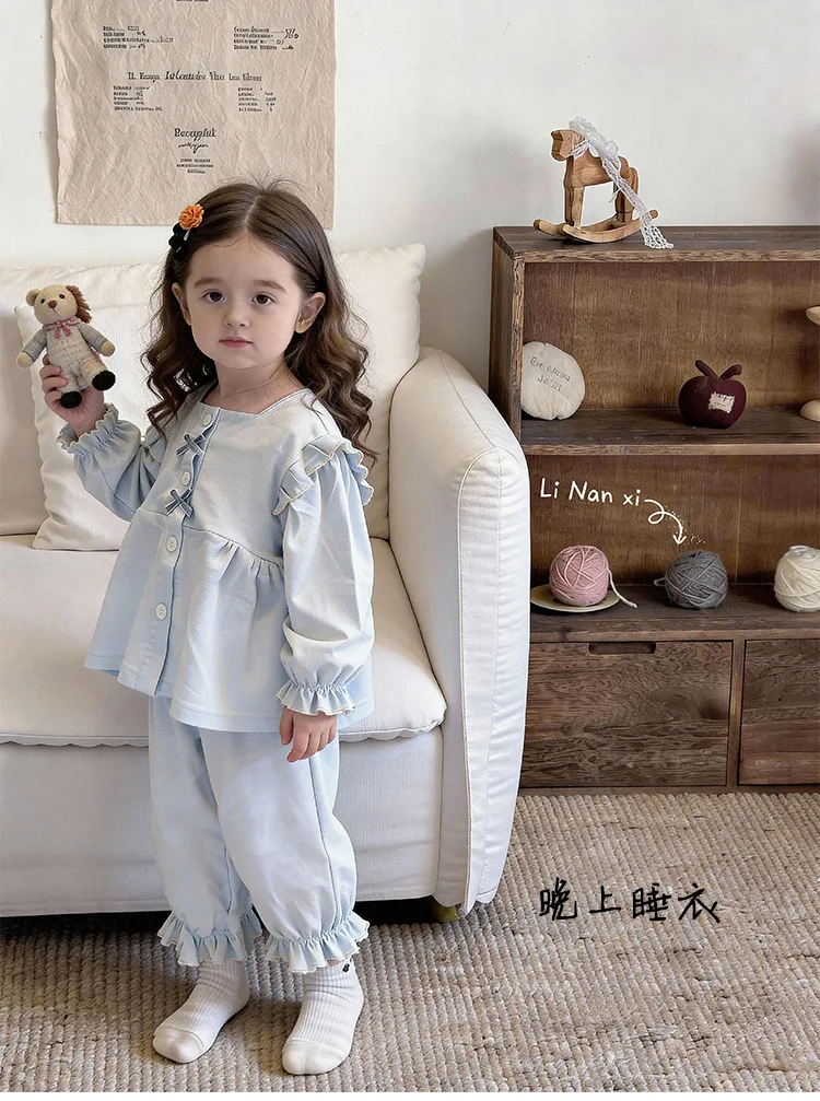 Girls Home Clothing Set 2026 Spring New Girls Baby Pajama Set Lace Sweet Cotton Class A Printed Two Piece Set