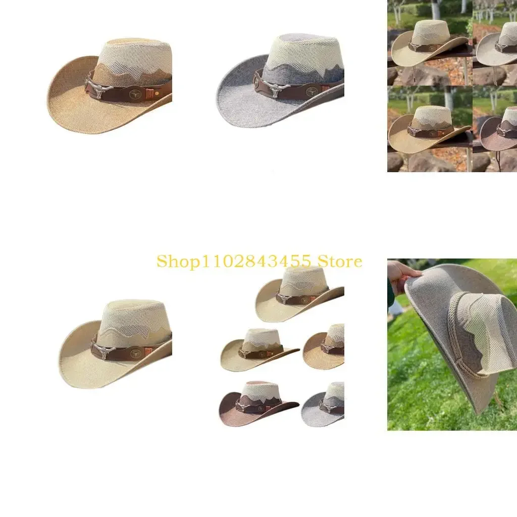 

49MC Summer Cowboy Mesh Hat Vintage Cowgirl Hat Outdoor Beach Party Photoshoots Cap