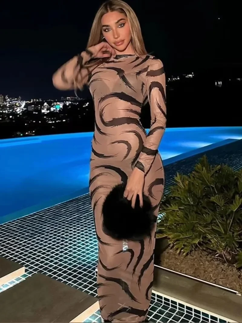 

Women's Sexy Printed See-through Party Dress 2024 Autumn O-neck Full Sleeve High Waist Transparent Long Evening Prom Dresses