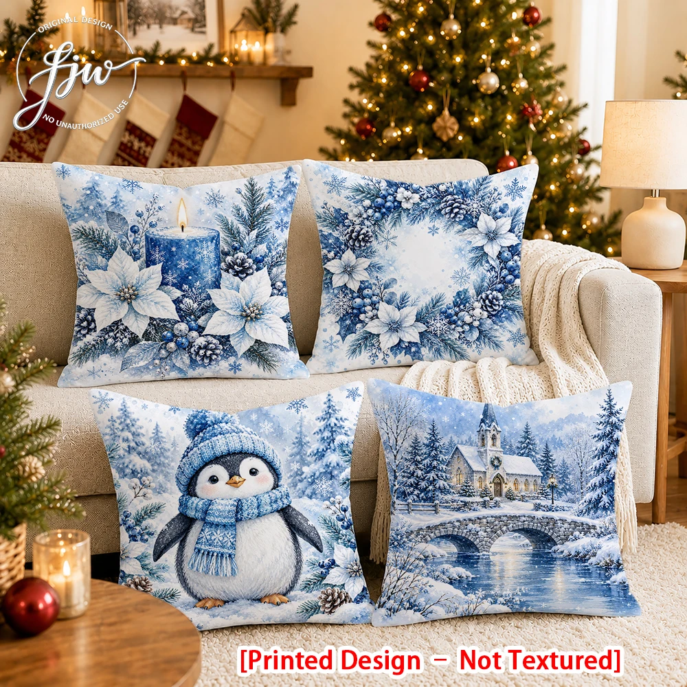 2/4pc /2 Christmas Winter Throw Pillow Covers Blue Snowy Penguin Church Holiday Cushion Cases for Home Sofa Decor