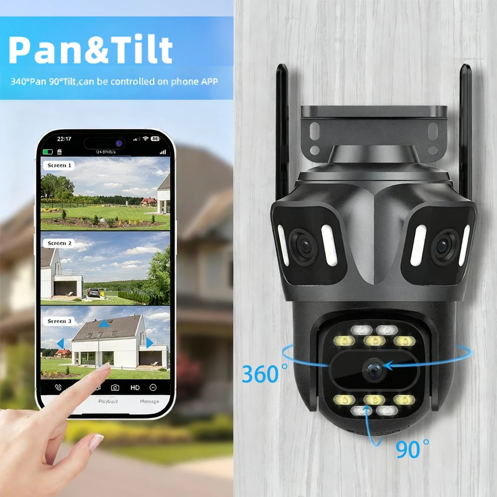  12MP 6K HD Three Lens Three Screen WIFI IP Outdoor Camera Human Detection Waterproof CCTV Video Security Camera iCsee
