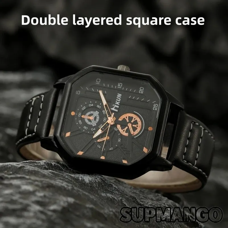 NEW Alloy Men Quartz Watches Leather Strap Big Dial Student Square Sports Watch Cool Black Men\'s Watch Waterproof Wristwatch