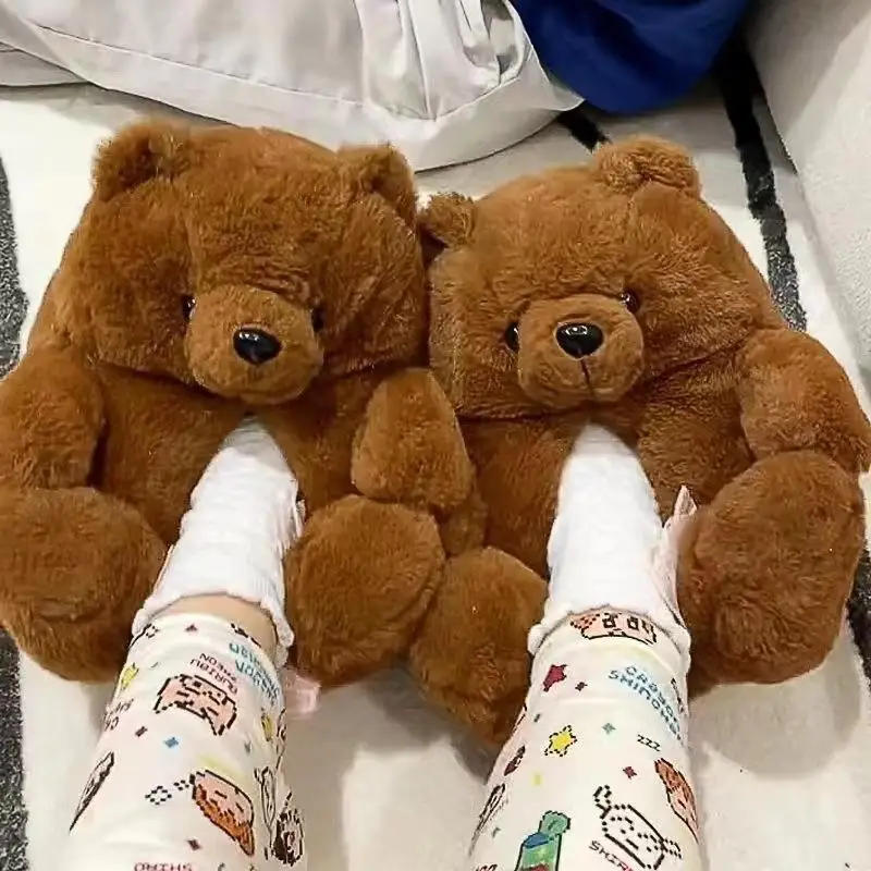 Cartoon Bear Slippers Cartoon Teddy Bear Cotton Slippers Anime Cartoon Indoor Plush Anti-Slip Keep Warm Couple Slippers Gift