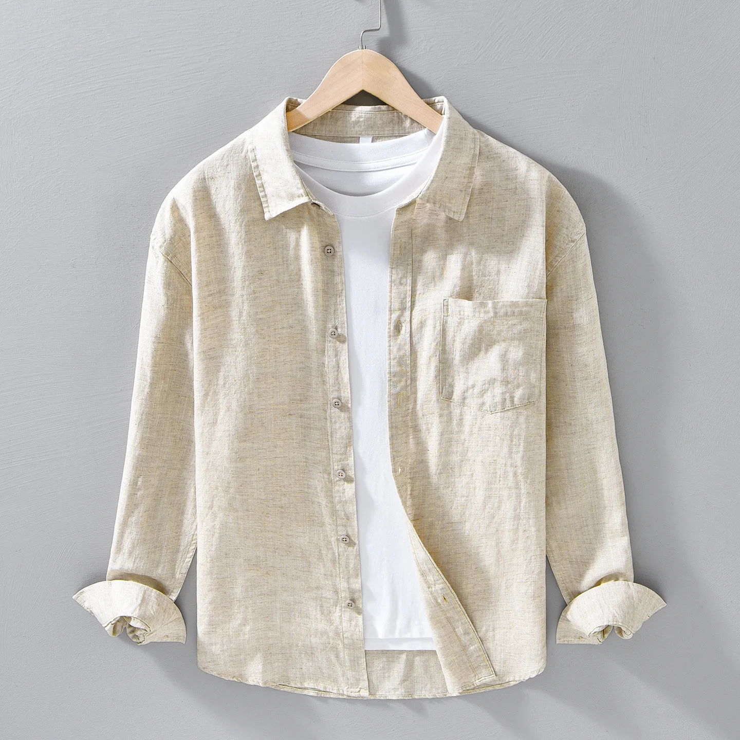 

Men's Casual Long Sleeve Shirt Lenzing Linen Loose Fit Versatile Simple Style Spring Summer Shirt Classic Collar Pocket Detail