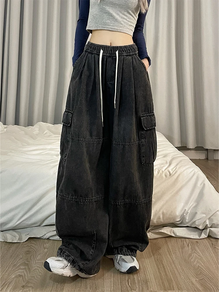 HOUZHOU Y2k Baggy Cargo Jeans for Women Oversize Wide Leg Denim Pants Female Hip Hop Trousers Pockets Streetwear Loose Patchwork