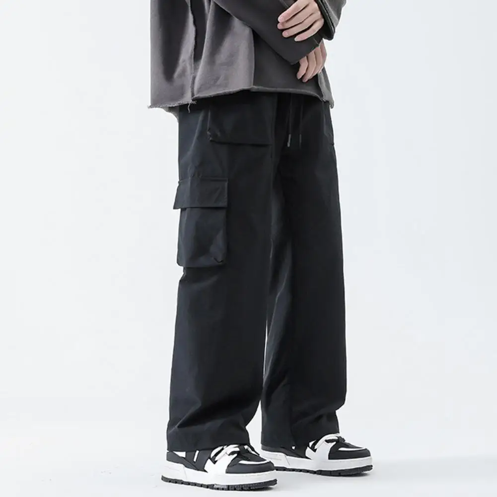 Straight-cut Pants Men's Elastic Drawstring Cargo Pants with Pockets Solid Color Straight Leg Trousers for Streetwear Style Men