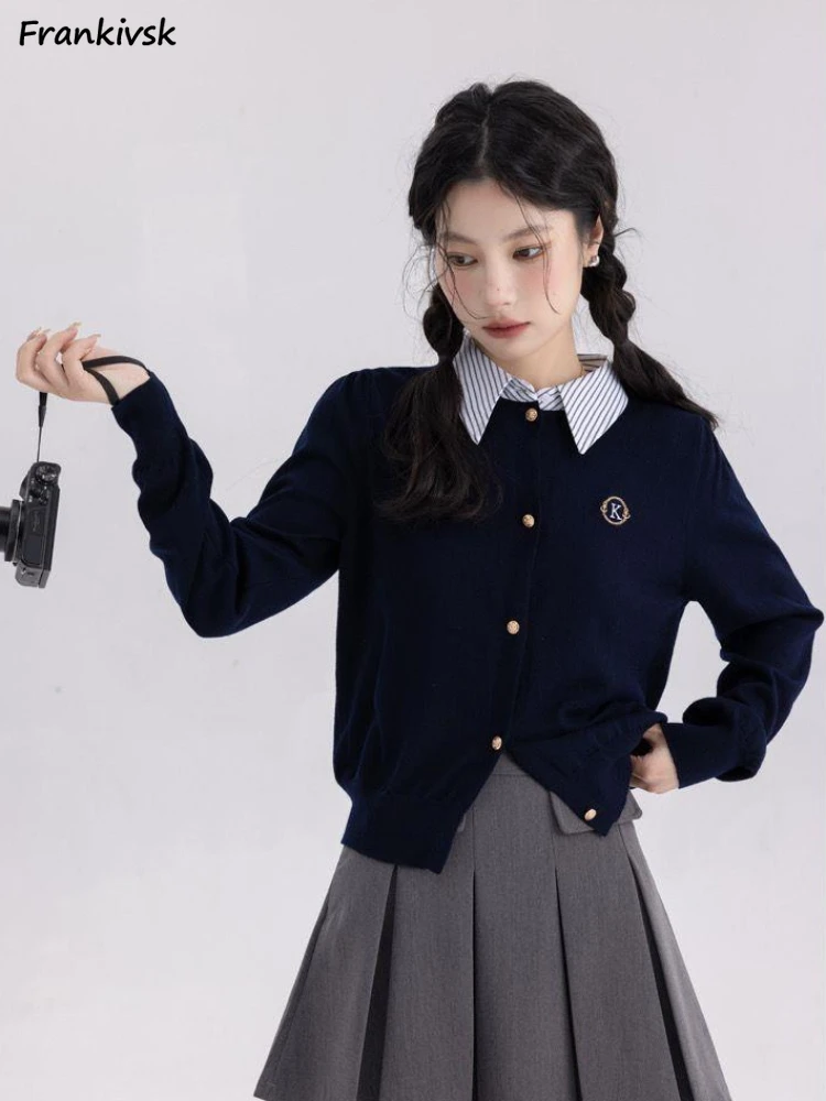 Vintage Cardigan Women Fake Two Piece Korean Preppy Style Autumn Turn-down Collar All-match Youthful Popular Knitting College