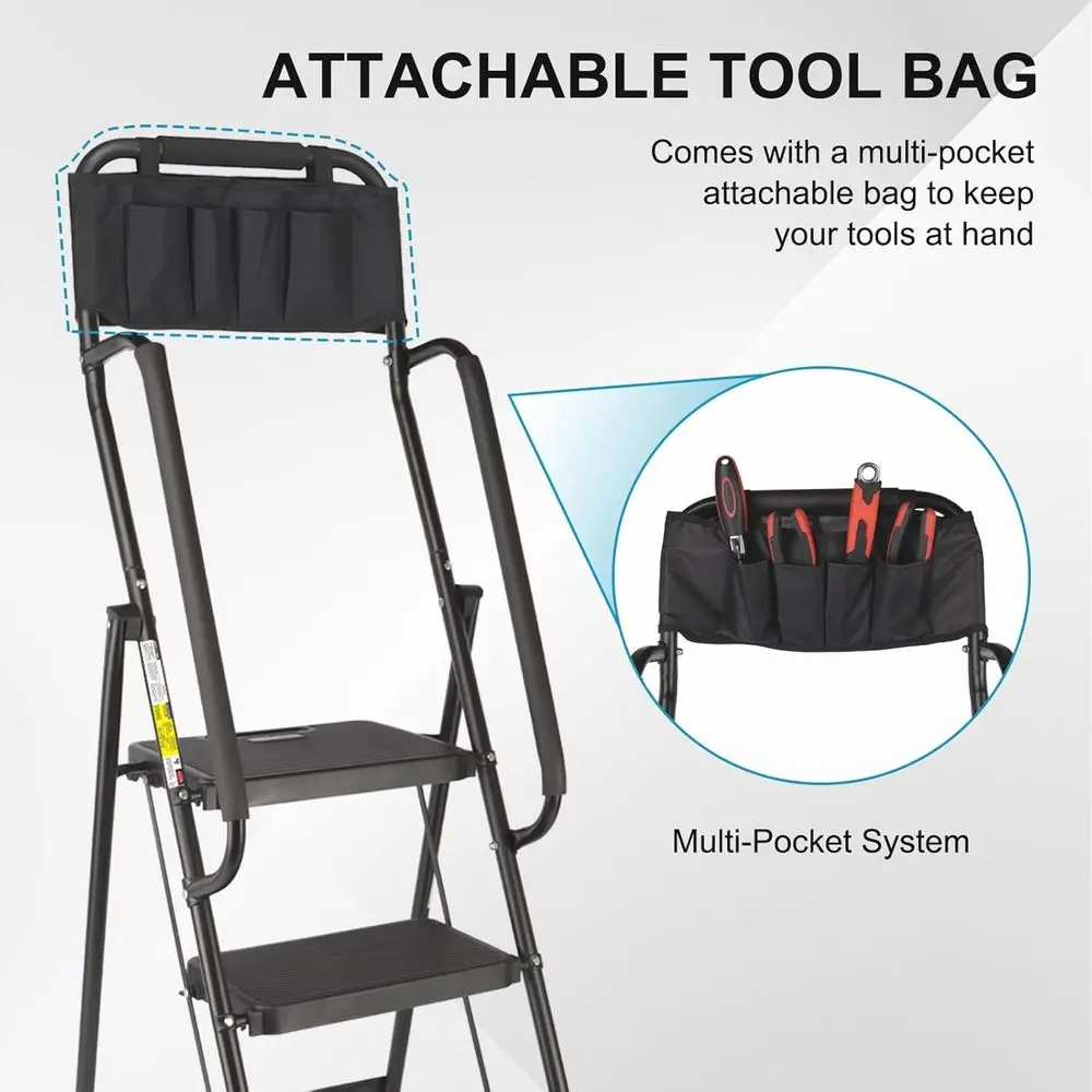Ladder with Handrails, 500 Lbs Capacity, Folding Step Stool Ladder, Attachable Tool Bag, Lightweight & Storage, Multi-use for Ho