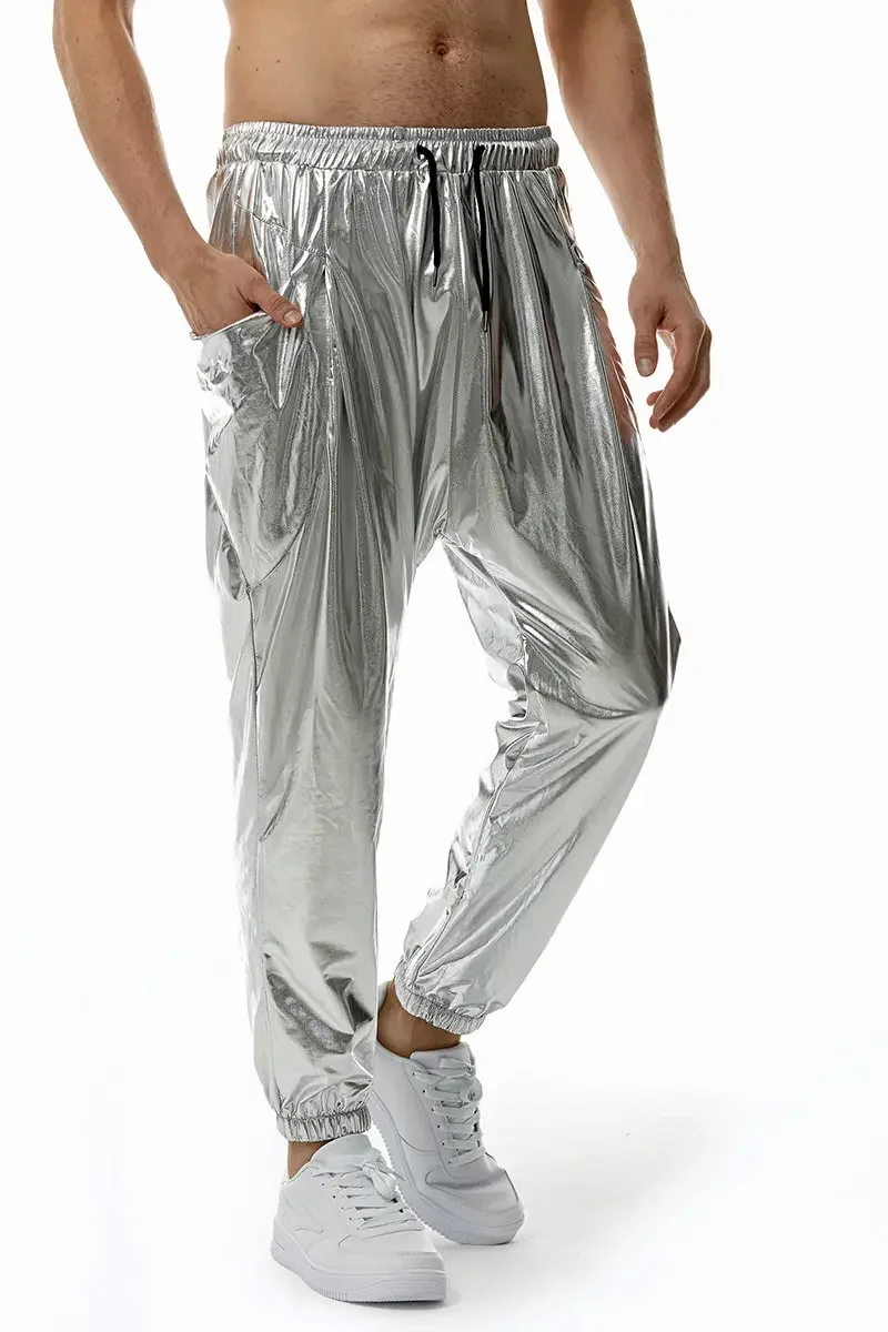 2024 Mens Metallic Shiny Jogger Sweatpants Disco Elastic Trousers cyberpunk aesthetic Fashion Pants for costume party