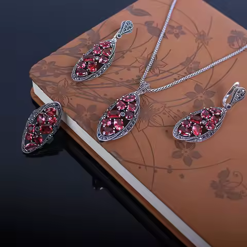 Ajojewel Silver-color Vintage Necklace Ring Earrings Large Jewelry Sets For Women With Green/Red/Colorful Crystals Gift