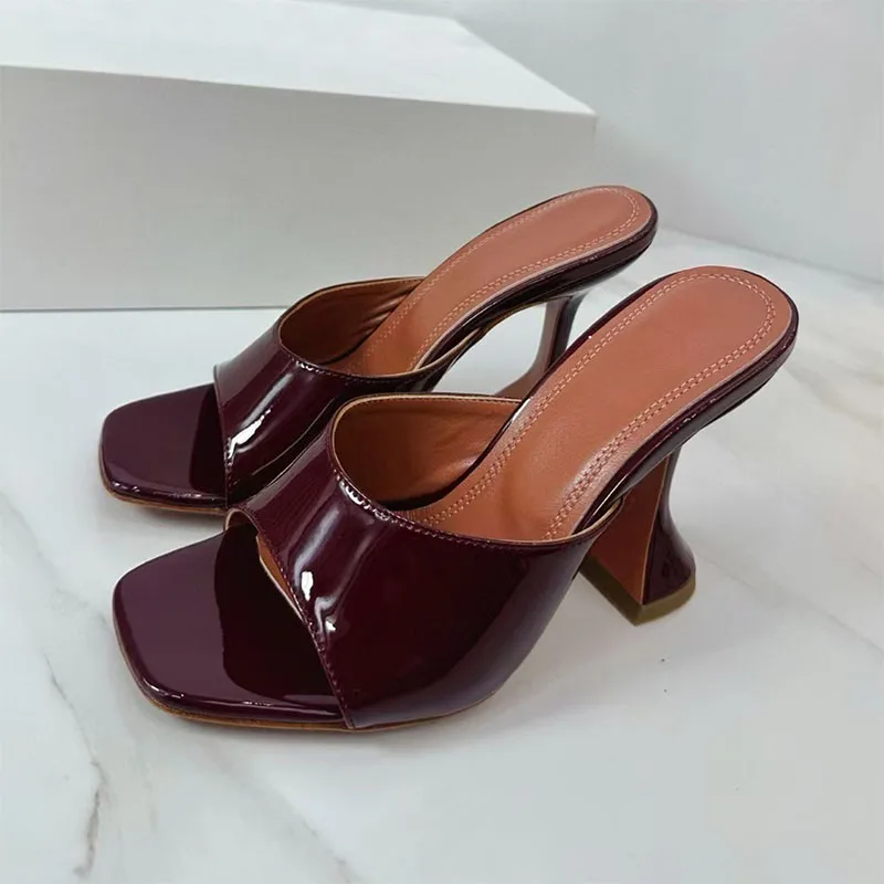 

Sexy High Heels Slippers Woman Genuine Leather Slides Square Peep Toe Summer Shoes Woman Strange Style Heels Sandals Women