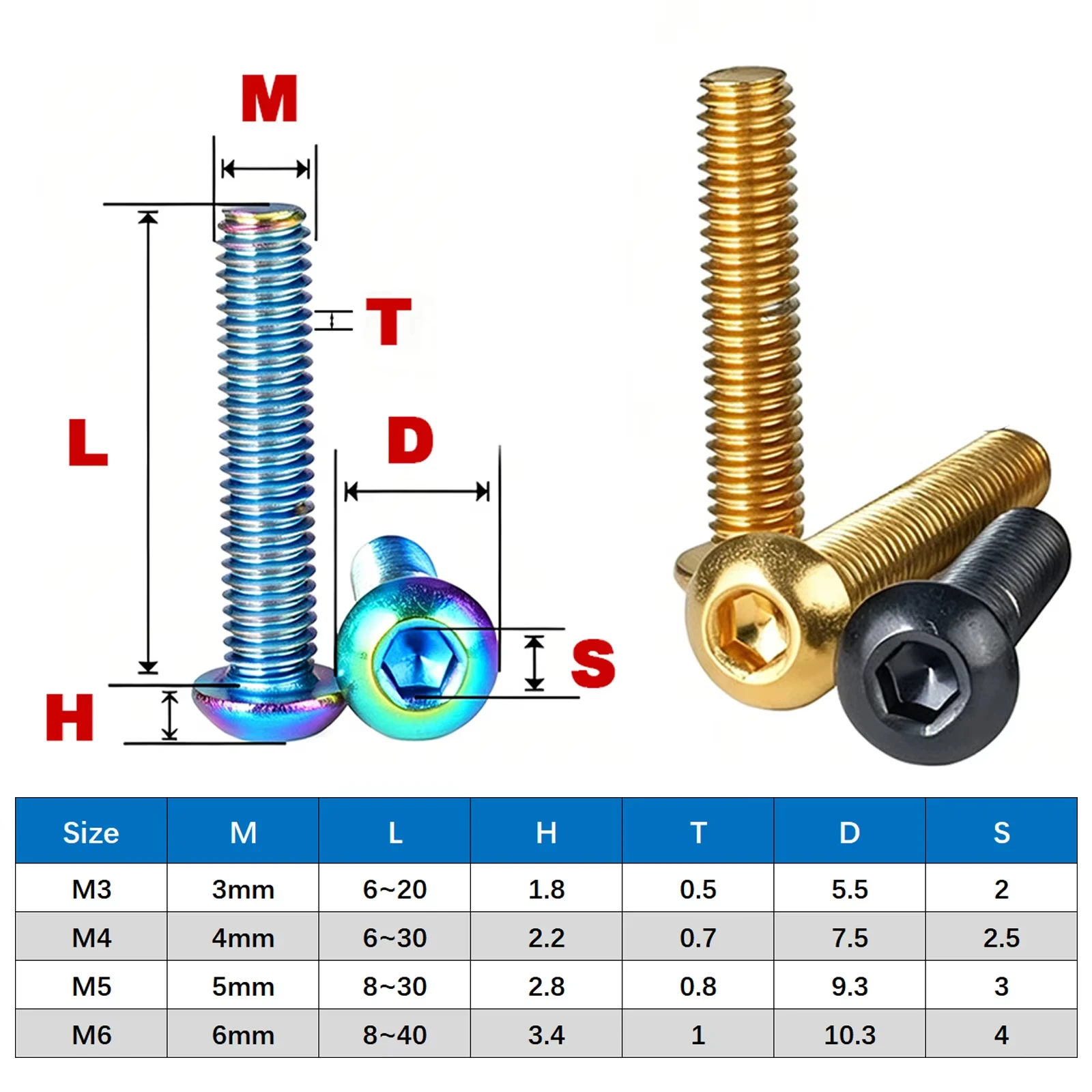 2Pcs Button Head Screws M3 M4 M5 M6 304 A2 Stainless Steel Pvd Vacuum Coated High Tensile Allen Key Socket Bolts