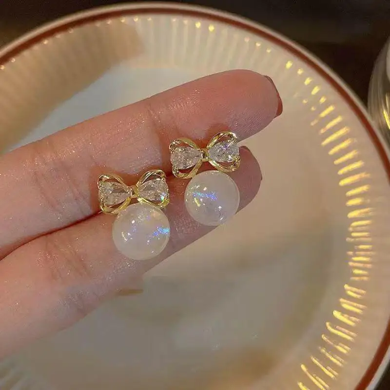 925 Silver Needle Korean Fashion Bright Pearl Earrings For Women Jewelry 2026 Trending New Luxury Crystal Bowknot Earrings Gifts