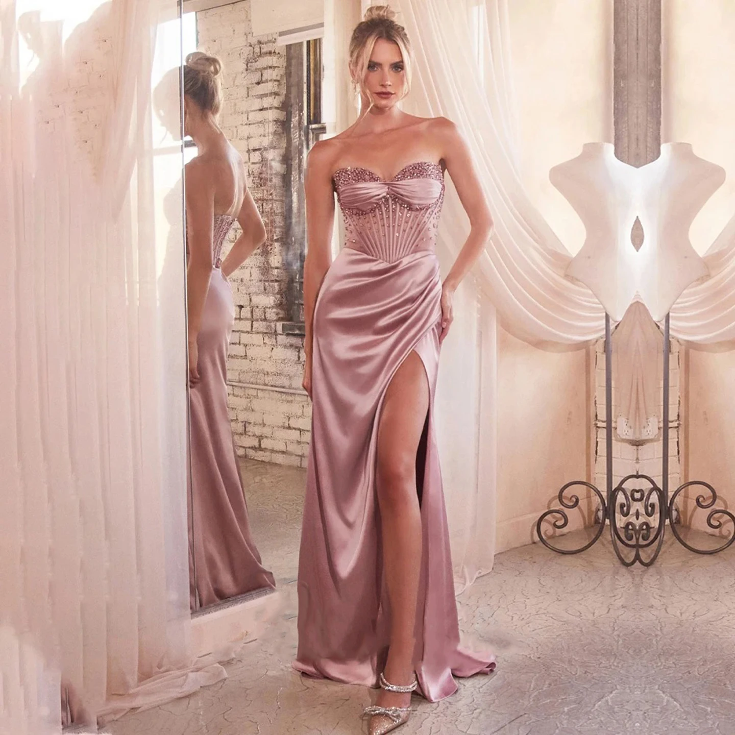 

Elegant Strapless Satin Evening Dress with High Slit Wedding Guest Dress Sequin Beaded Floor Length Prom Dress Quinceanera dress