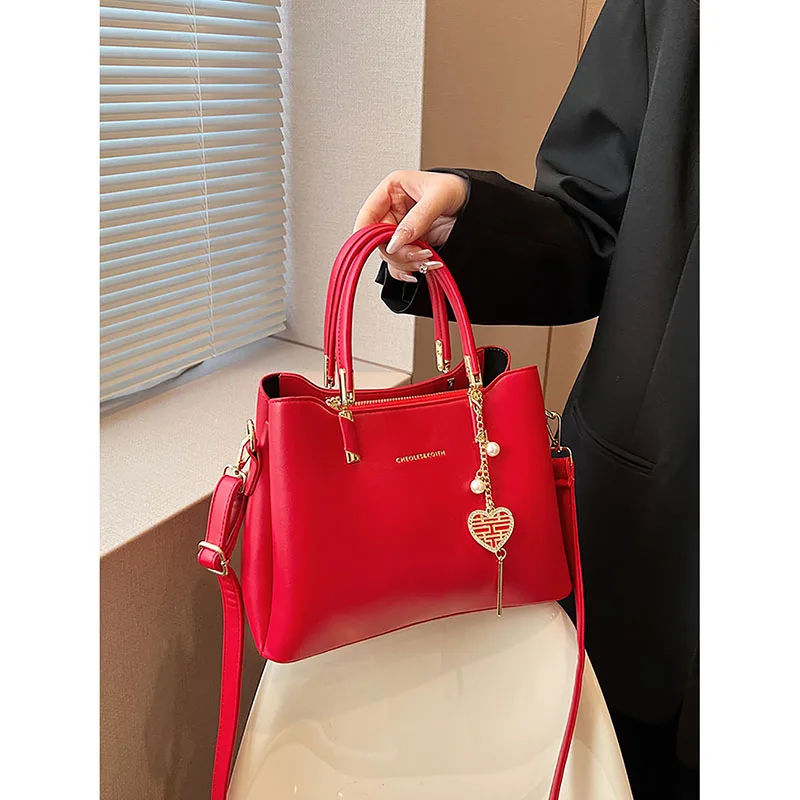 Korean Version Fashion Red Bridal Wedding Bag Handbag Women\'s 2024 New Luxury High Quality One Shoulder Crossbody Bag Square Bag