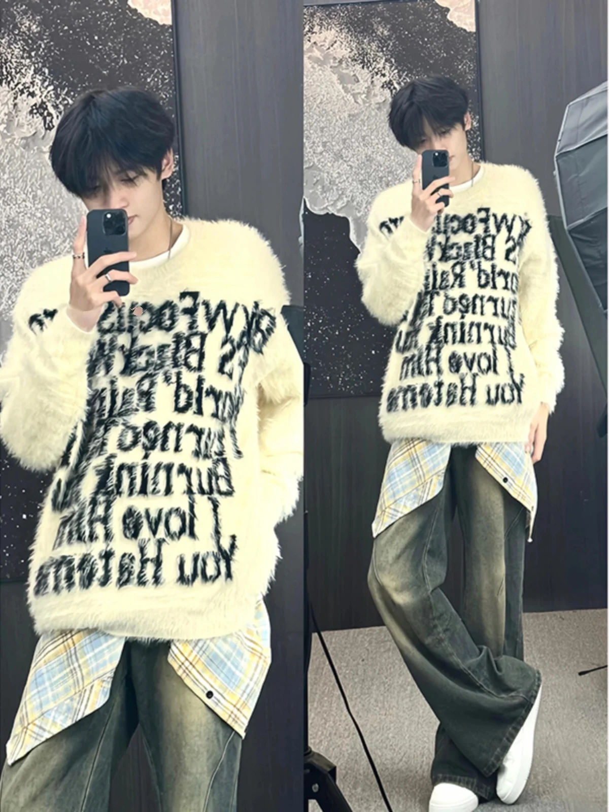 

Men's round Ne Knitted Sweater Winter Autumn Letter Embroidery Lazy Sle American Trendy Brand Haome Base irt