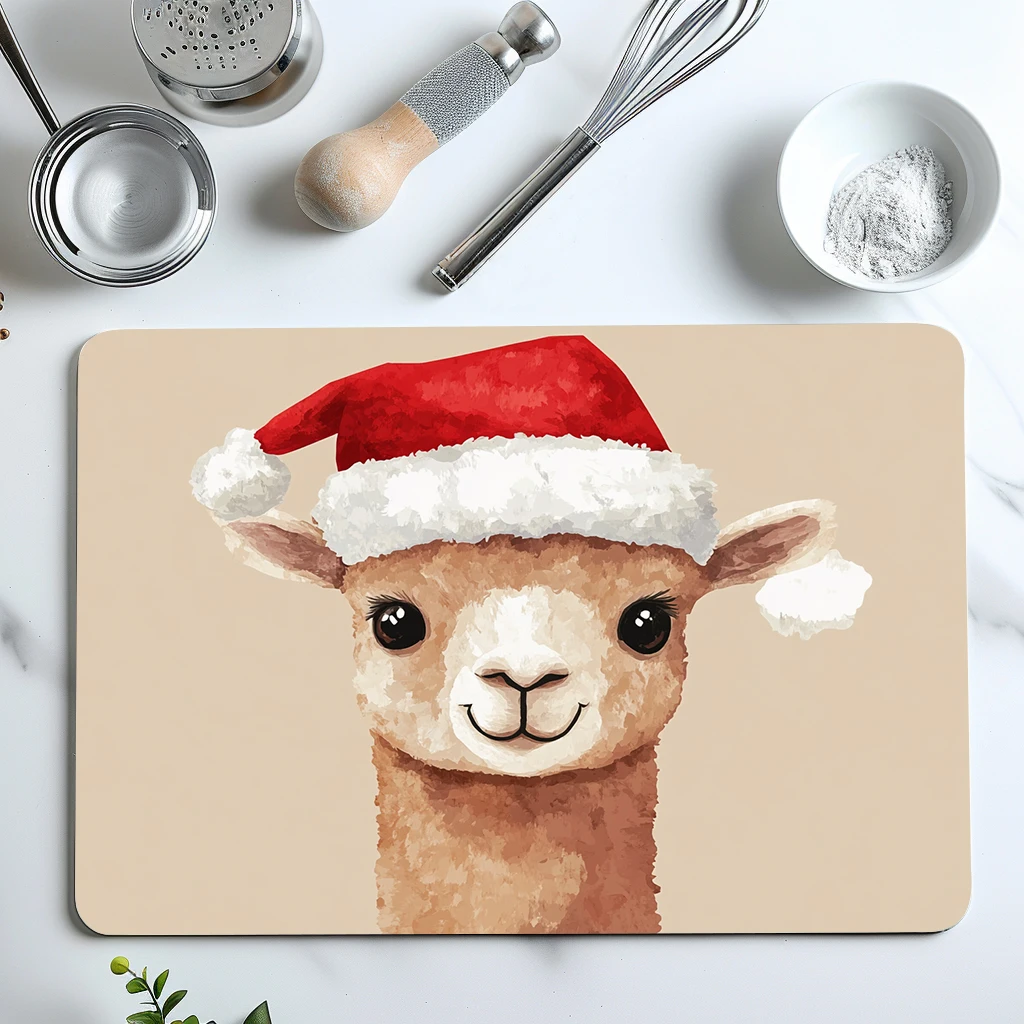 1pc Drying Mat Christmas Santa Hat Alpaca Non-Slip Absorbent Mat Tableware Kitchen Counter Drain Mats Placemats for Table