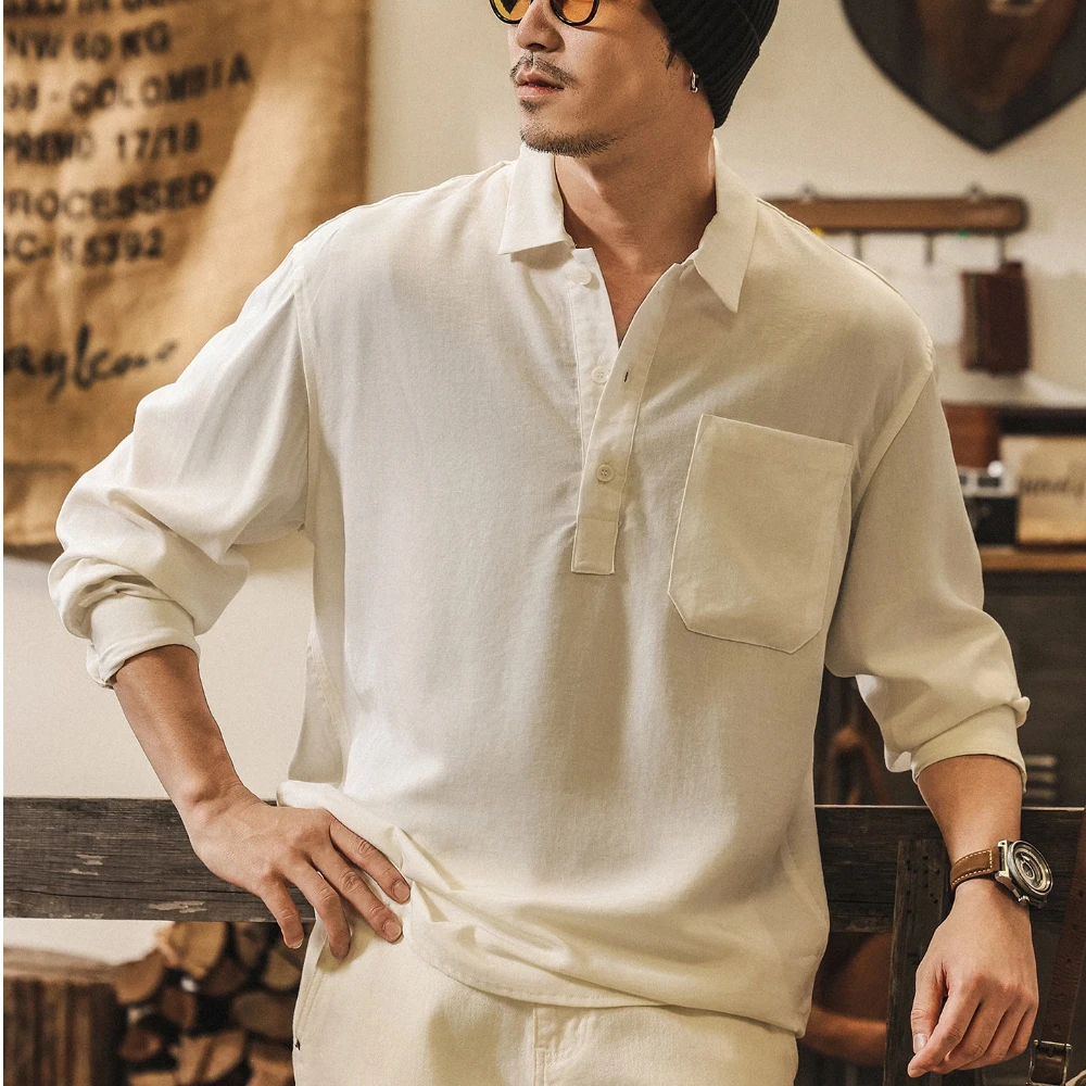 

Men's Henry Collar Half Placket Long Sleeve Shirts Lightweight Linen Cotton Single Pocket Oversized Loose Vintage blouse
