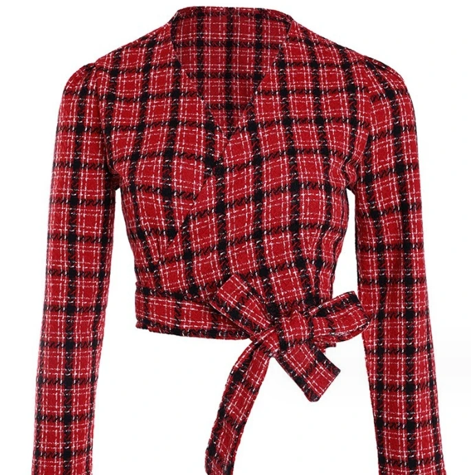 Women's Top Fashion Elegant Commuting Pullover Plaid Print Casual Tie Details Overlapping V-neck Long Sleeved Slim Fit Top