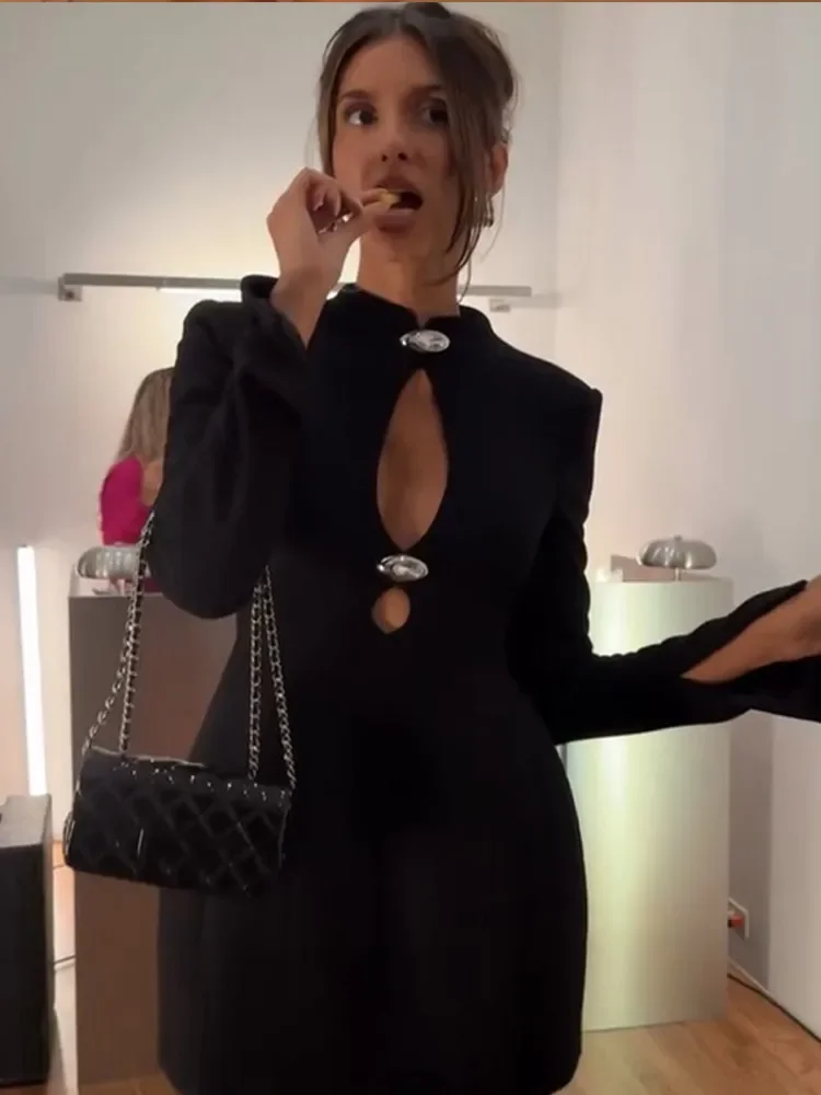 فستان قصير أسود مفرغ للنساء مثير بأكمام طويلة وخصر ضيق فساتين لخريف 2025 أنيقة للمكتب للسيدات للتنقل #5