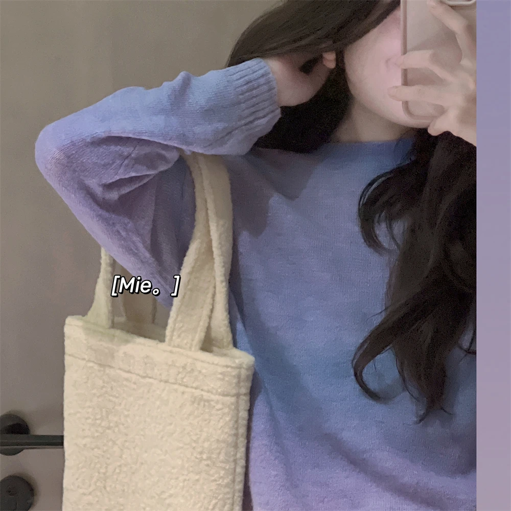 

adient Ombre Knitted Sweater round Ne Soft Texture Layered Effect Tie Dye n Sle Women's Pullover Sweater