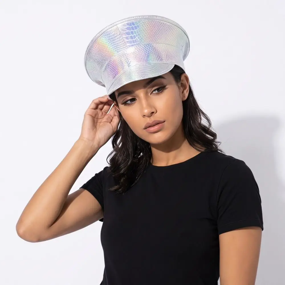 Brim Caps PU Leather Laser Hats UV Protection Waterproof Leather Beret Flat Caps Sunscreen Baseball Cap Prom Performance Bar
