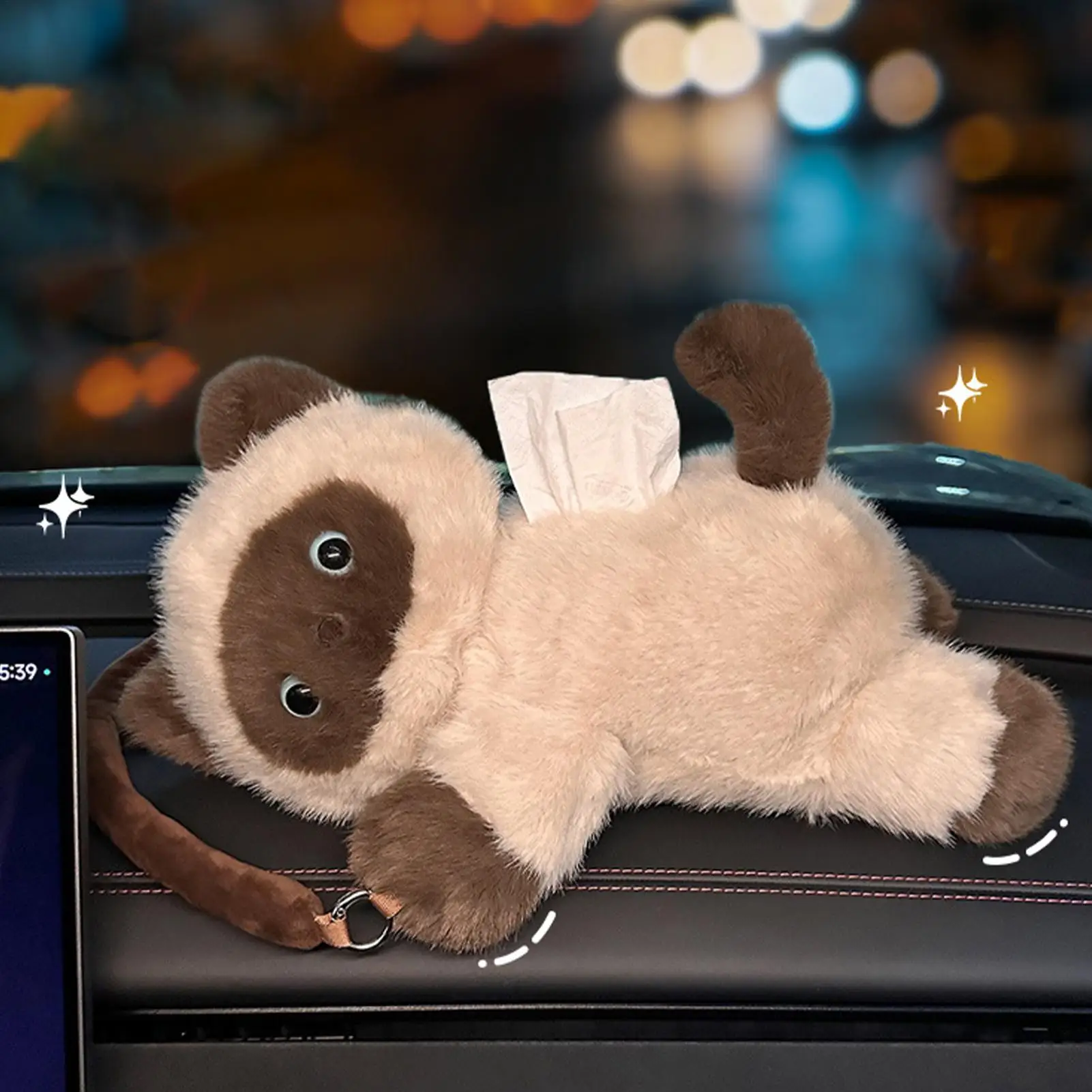 2027 Plush Cat Car Tissue Box Holder Backseat Hanging Facial Paper Dispenser Cute Vehicle Interior Organizer Universal Fit SUV T