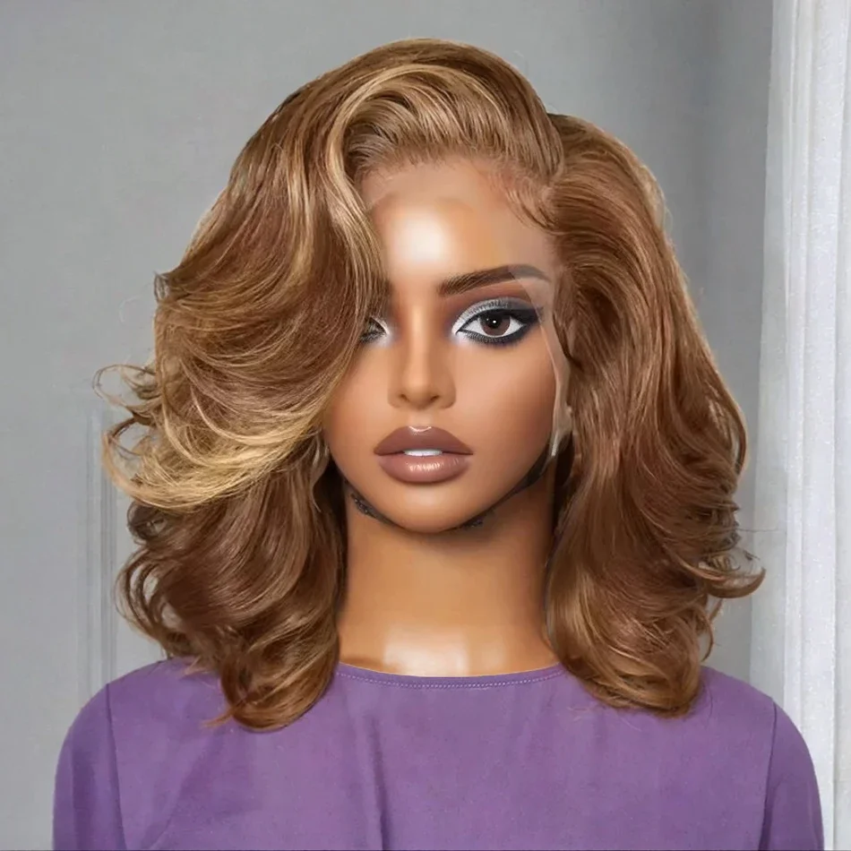 Highlight 4/27 Ombre Body Wave 220% Brown Mix Blonde HD Transparent Lace Closure Wig Human Hair Short Bob Frontal Wigs For Women