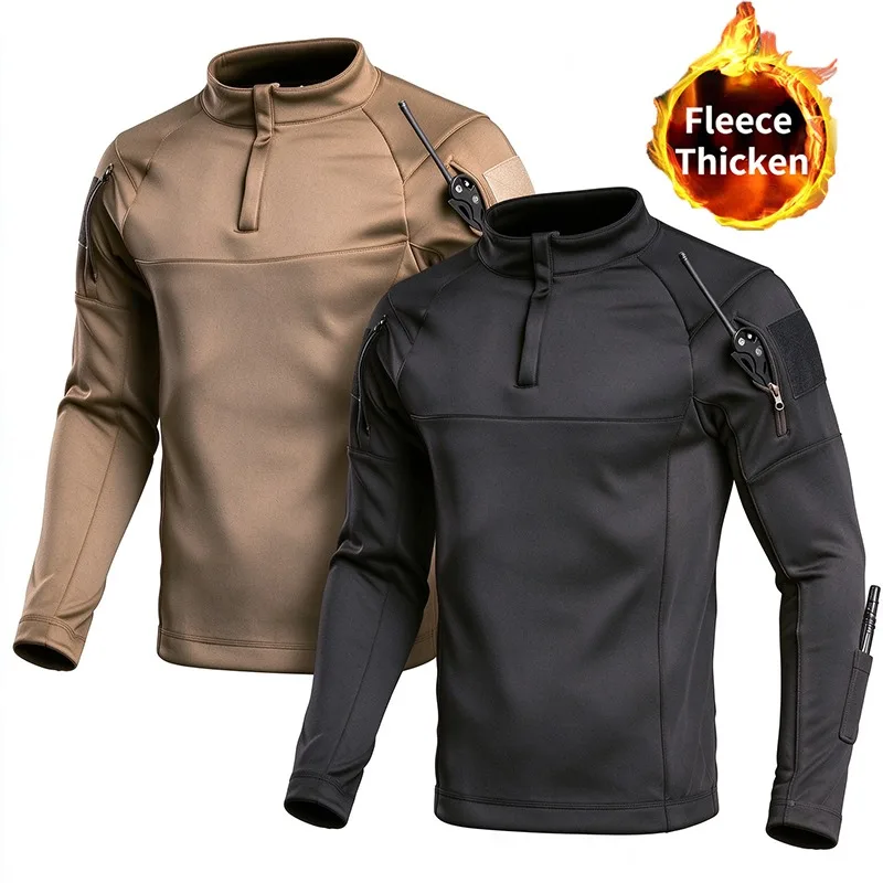 Winter Thermal Thickened Tactical Fleece Shirt Men Quarter Zip Stand Collar Multi Pockets Military Style for Camping Work Wear