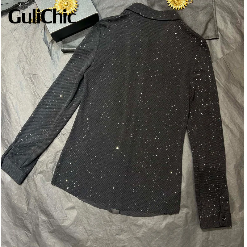 8.5 GuliChic High Quality 2024 Women Bling Bling Decoration Design Blouse Lapel Single Breasted Comfortable Stretch Slim Shirt