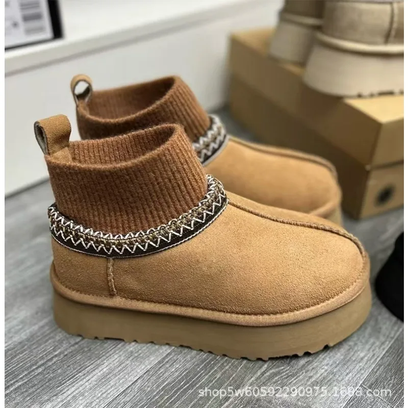 Hohe Schneestiefel, SGGU, für Damen und Herren, im ethnischen Stil, mit Schnürung, große Damengrößen, Baumwollstiefel, aus gestricktem Rindsleder, Wolle. – Detail 9